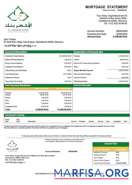 Downloadable Morocco Al Akhdar Bank (AAB) mortgage statement Word and PDF template
